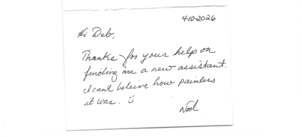 handwritten testimonial for DJP Right Fit Recruiting